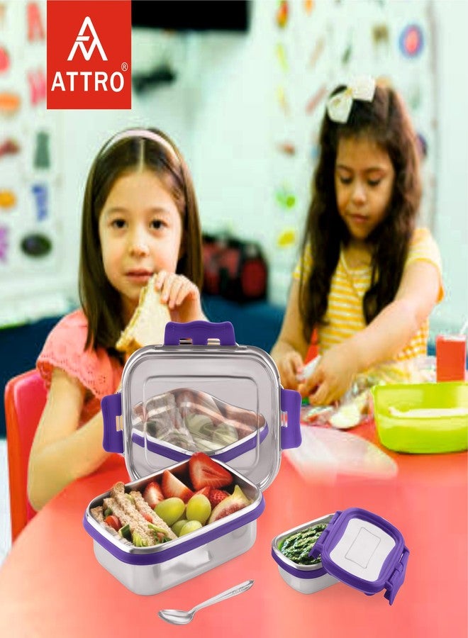 ATTRO Shine Medium Stainless Steel Lunch Box 2-Piece Set - 800ml + 150ml - Leak-Proof, BPA-Free, Compact & Durable - Ideal for Kids, Office, Travel - Purple - Image 5